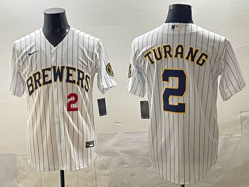 Men 2025 Milwaukee Brewers #2 Turang White Stripe 2025 Nike MLB Jersey 014->toronto blue jays->MLB Jersey